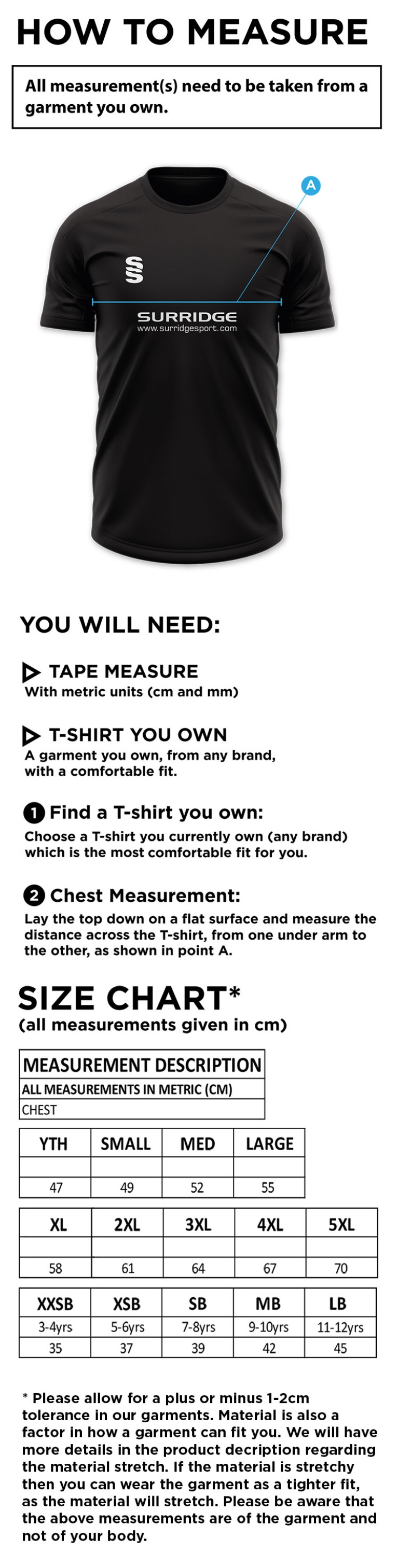VRA Amsterdam CC - Blade Training Shirt - Size Guide