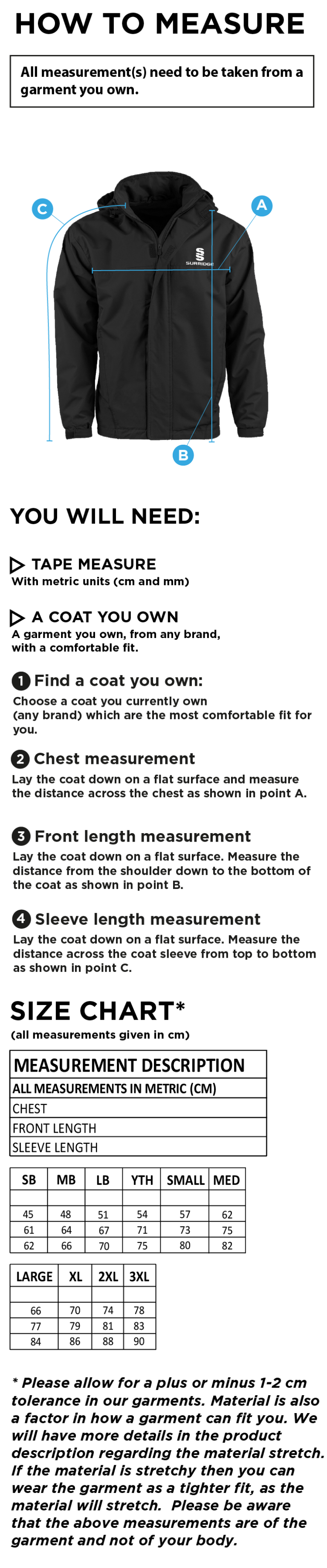 VRA Amsterdam CC - Fleece Line Jacket - Size Guide