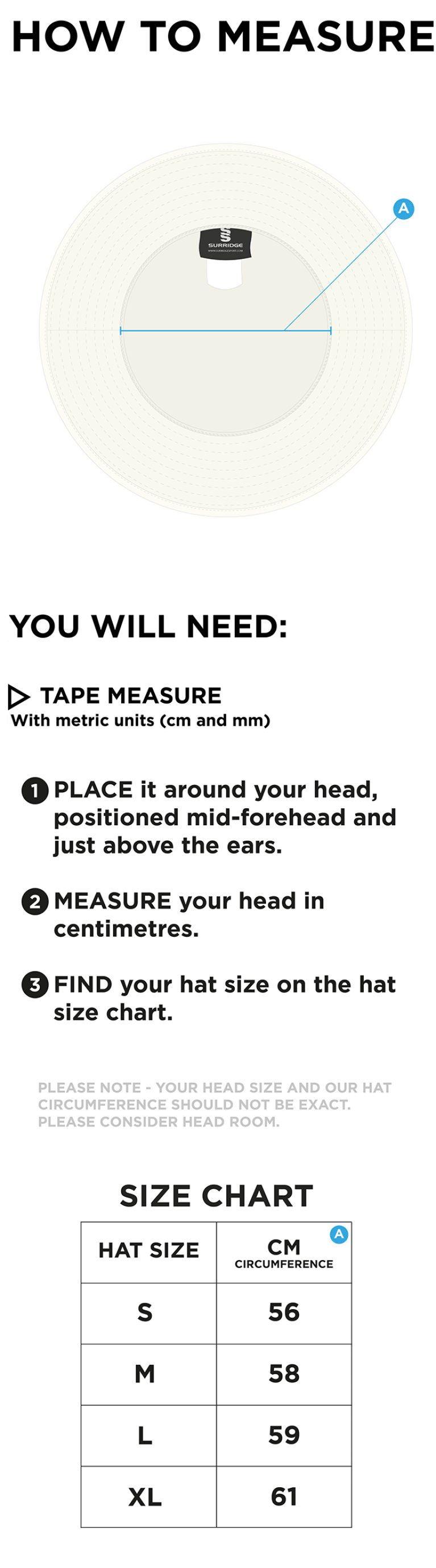 VRA Amsterdam CC - Floppy Hat - Ivory - Size Guide