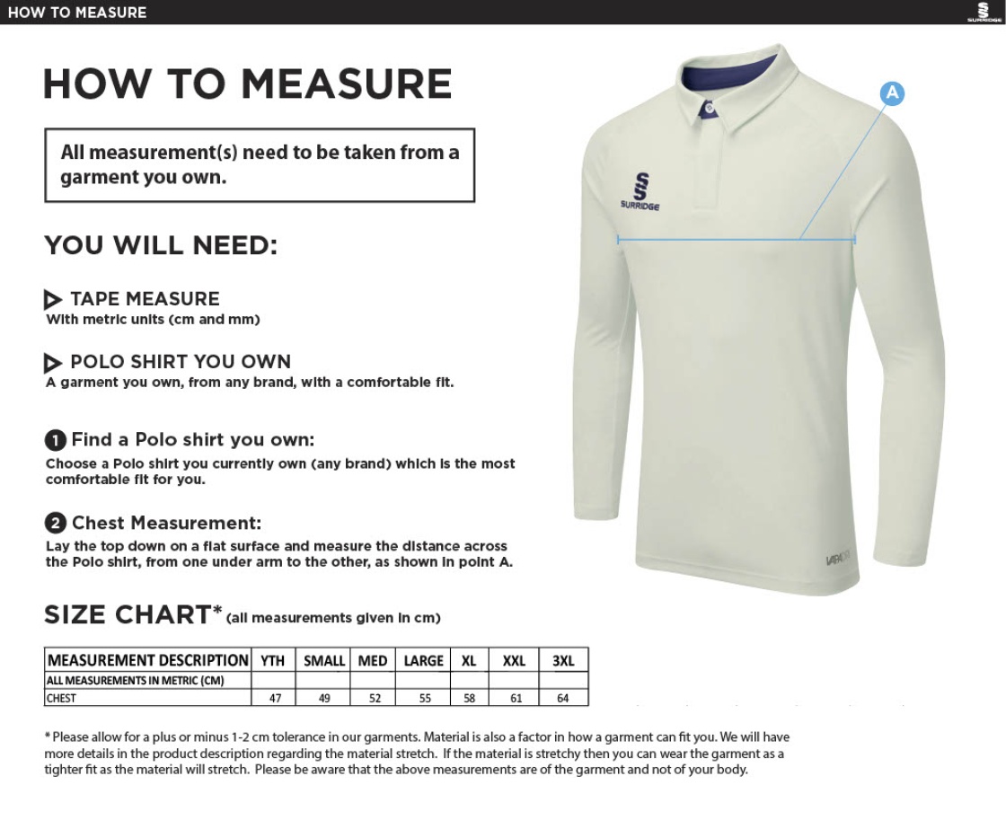 VRA Amsterdam CC - Ergo Long Sleeve Navy Trim Shirt - Size Guide