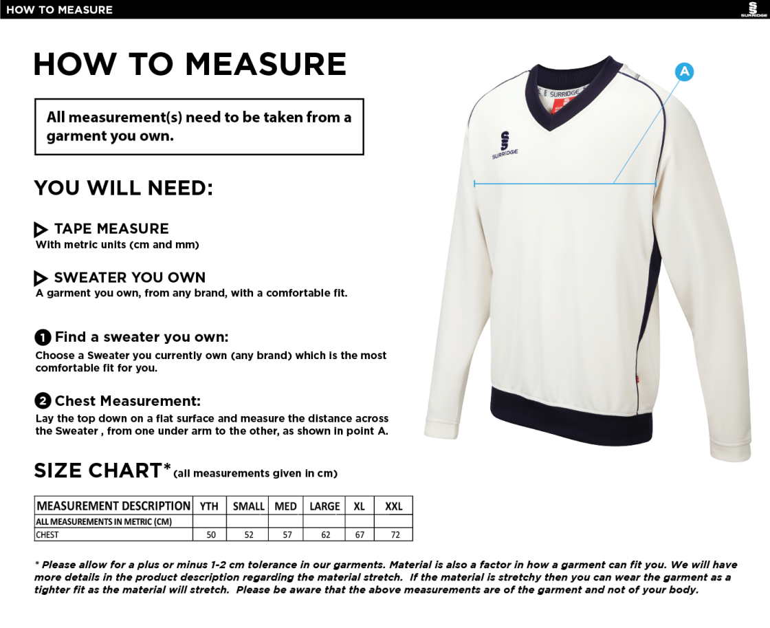 VRA Amsterdam CC - Long Sleeve Sweater Navy Trim - Size Guide