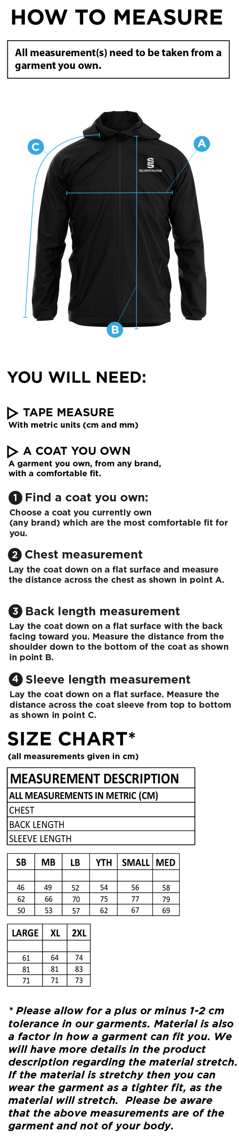 VRA Amsterdam CC - Training Jacket - Size Guide