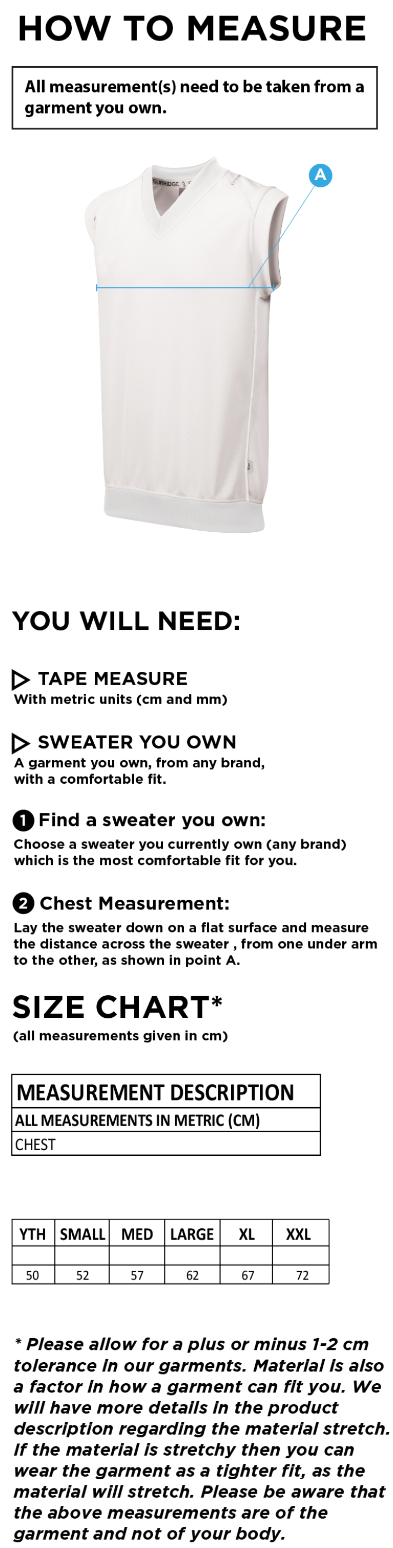 VRA Amsterdam CC - Sleeveless Sweater Navy Trim - Size Guide