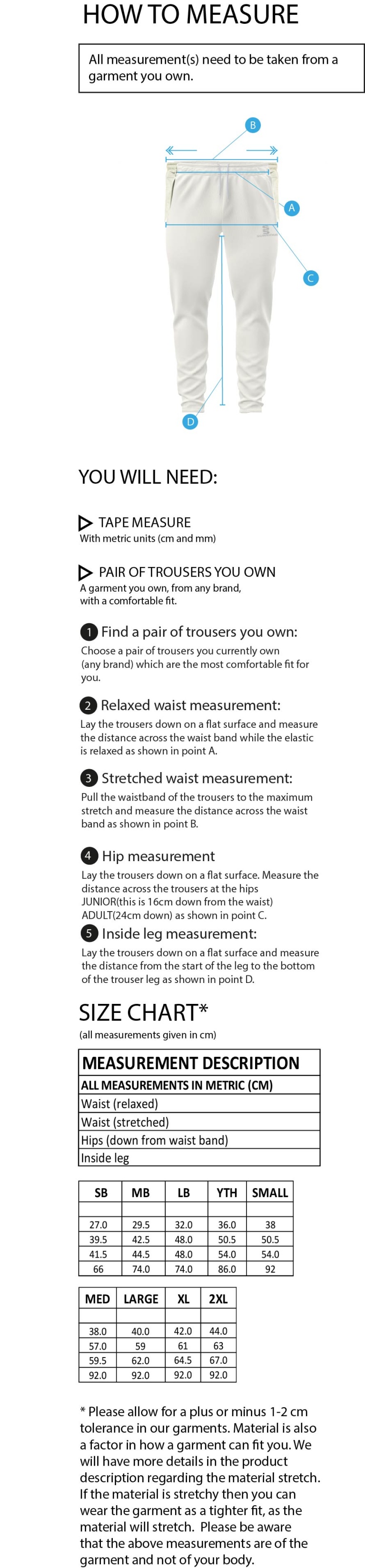 VRA Amsterdam CC - Tek Playing Pant - Size Guide