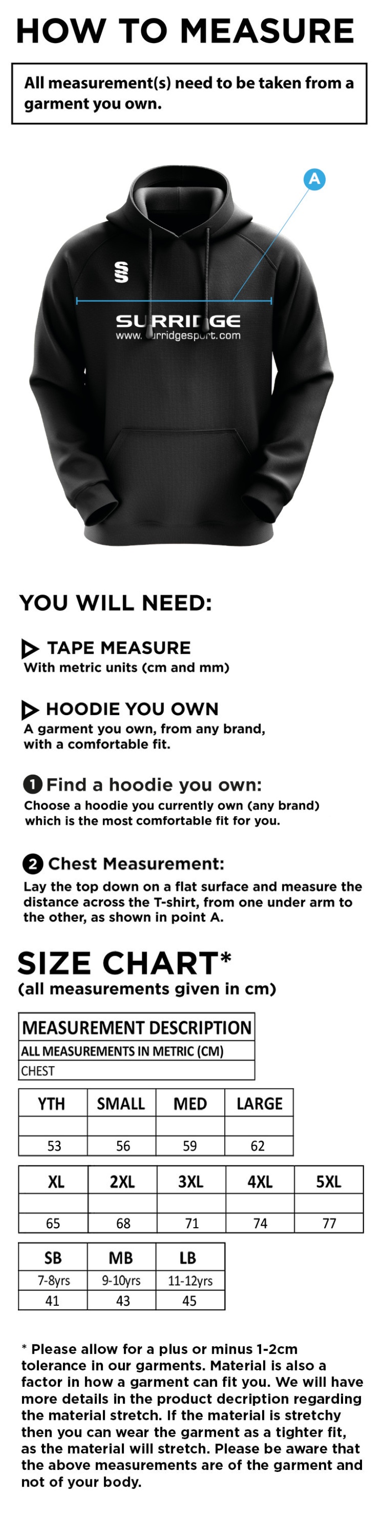 VRA Amsterdam CC - Blade Hoody - Size Guide