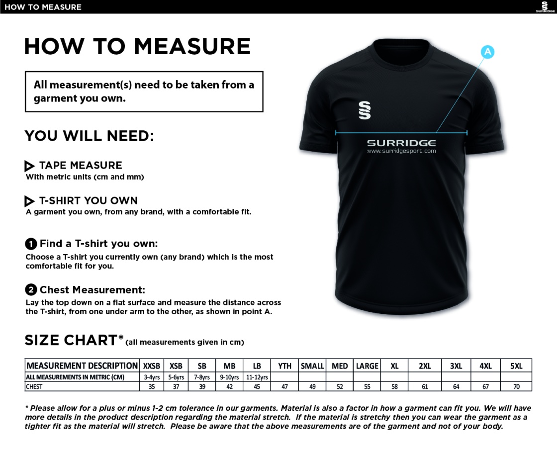 VRA Amsterdam CC - Blade Training Shirt - Size Guide