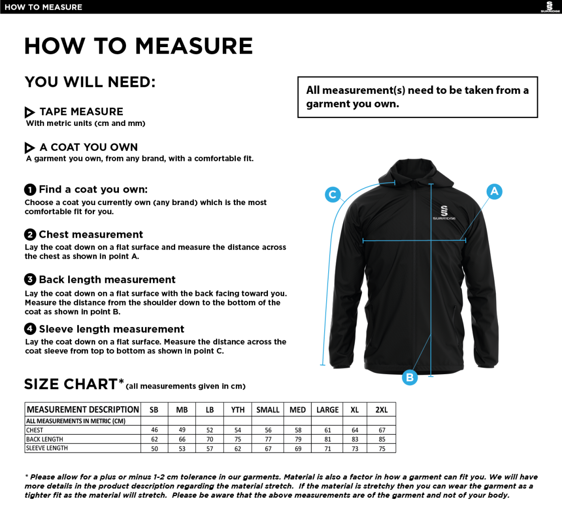 VRA Amsterdam CC - Training Jacket - Size Guide