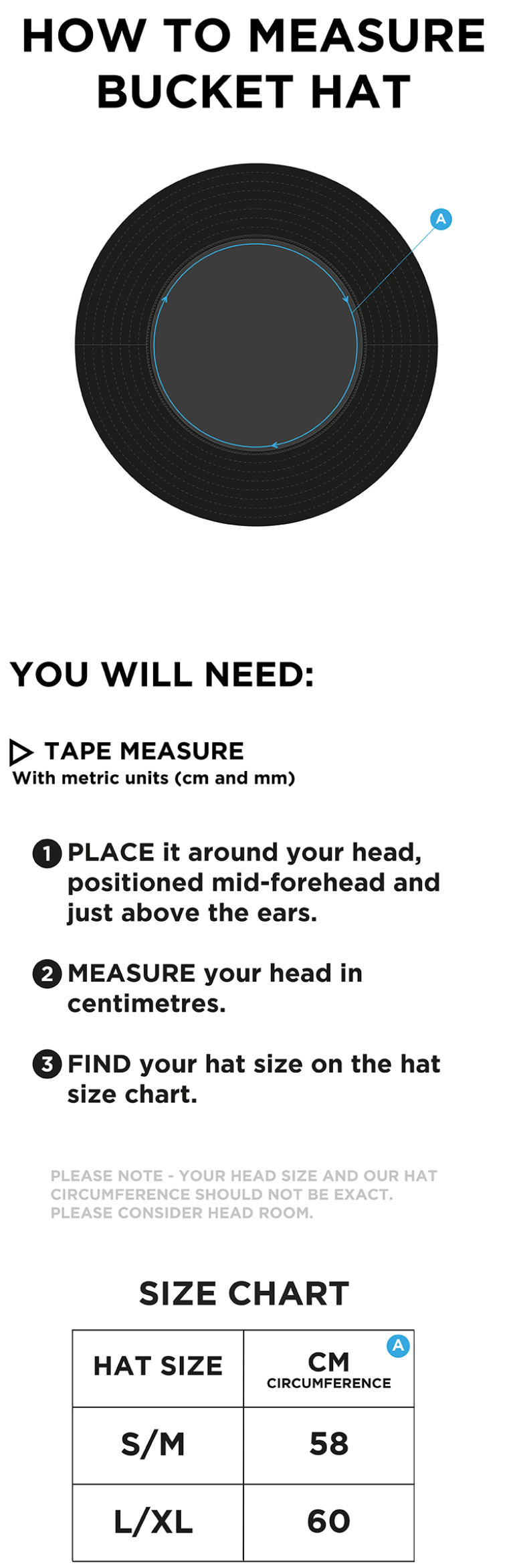 VRA AMSTERDAM Dual Bucket Hat - Royal - Size Guide