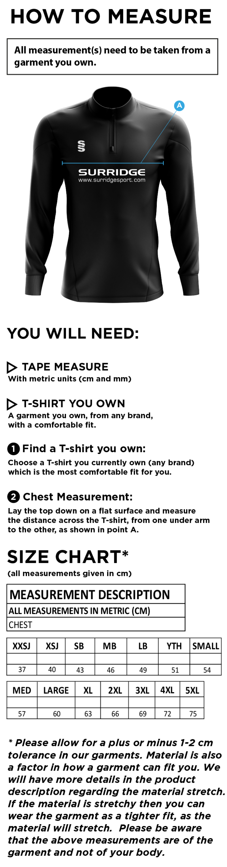 VRA Amsterdam CC - Blade Performance Top - Size Guide