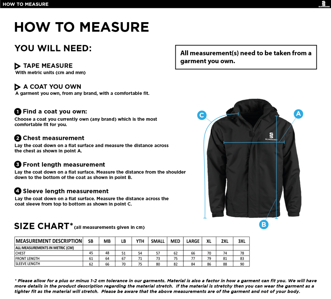 VRA Amsterdam CC - Fleece Line Jacket - Size Guide