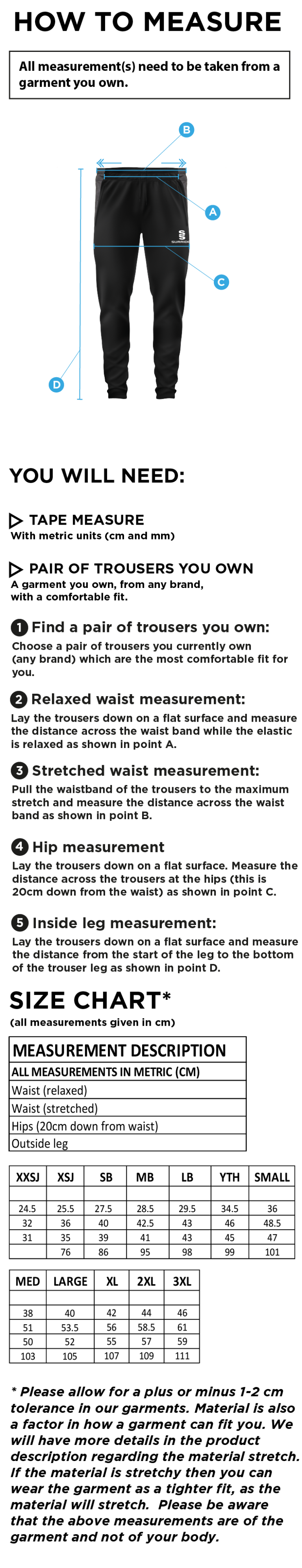 VRA Amsterdam CC - Tek Slim Pant - Size Guide